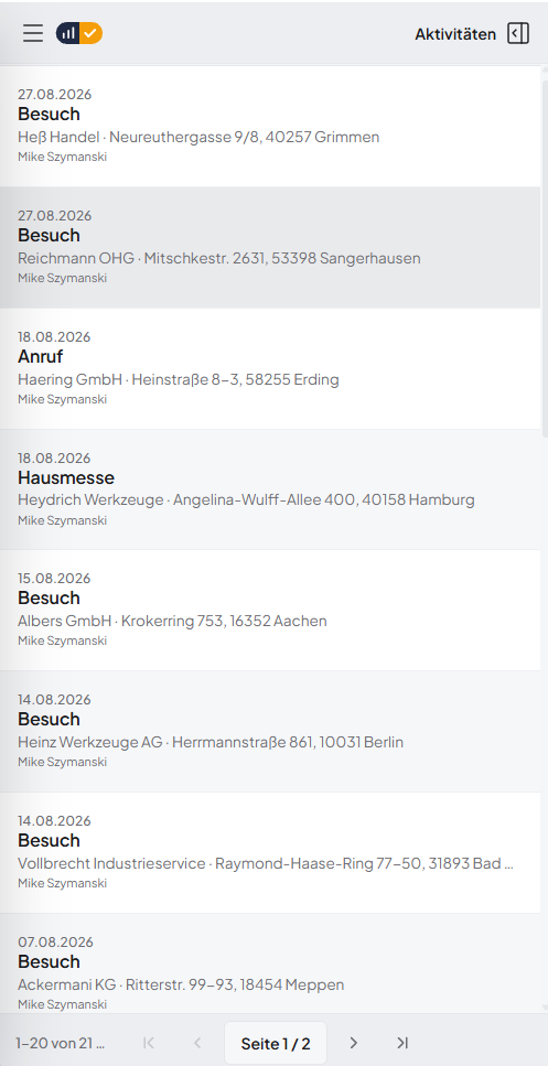 pillCRM Ansicht für Aktivitäten und Aufgaben