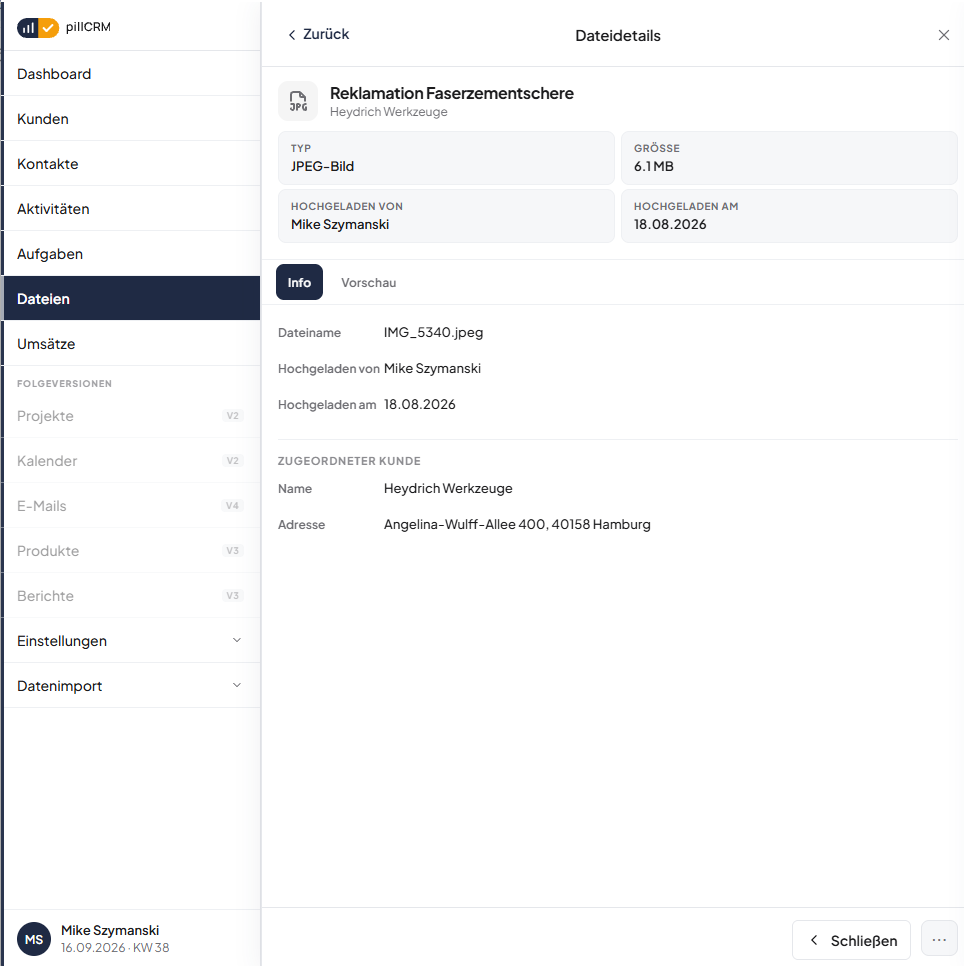 pillCRM Dateiverwaltung beim Kunden