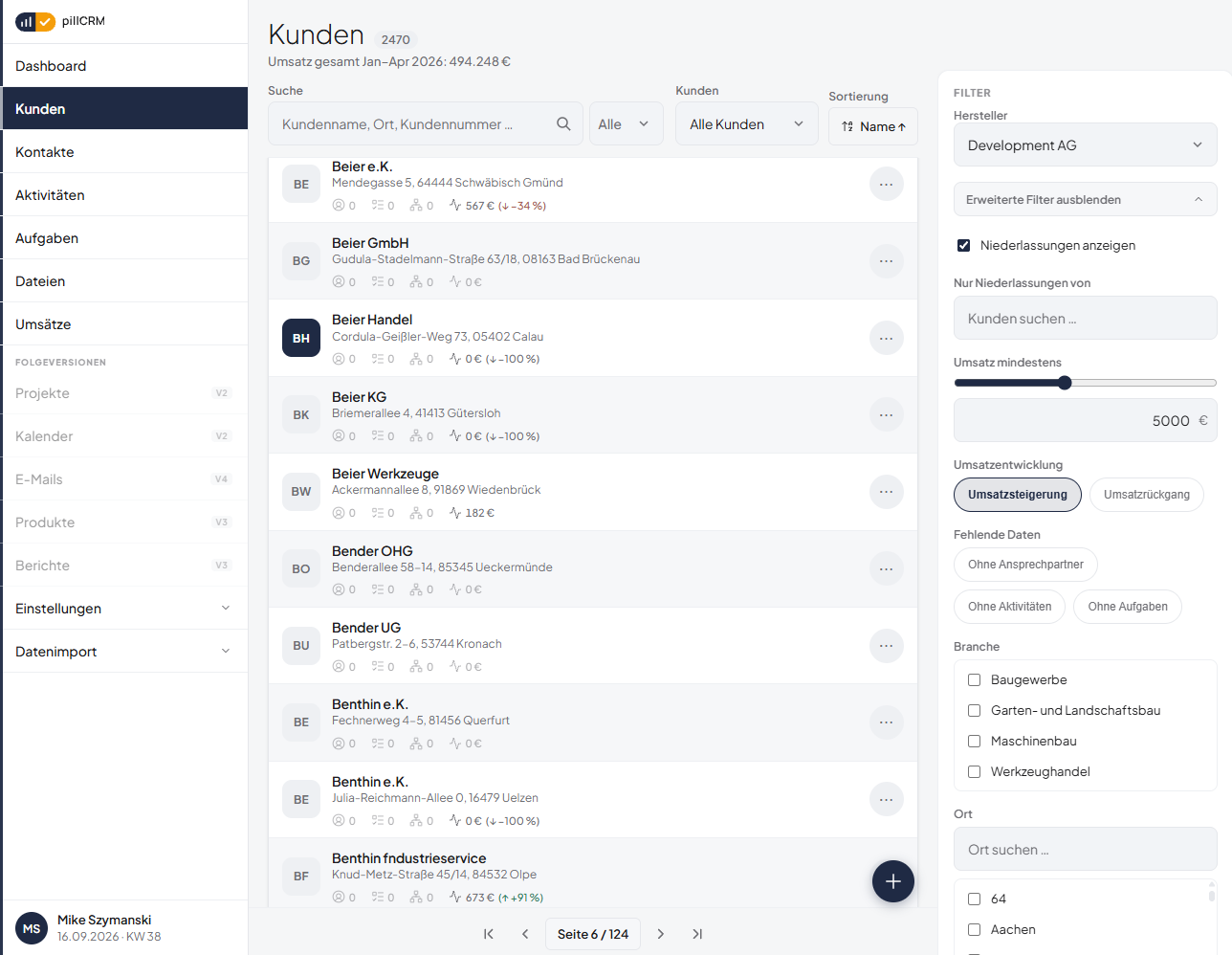 pillCRM Kundenansicht mit Filtern